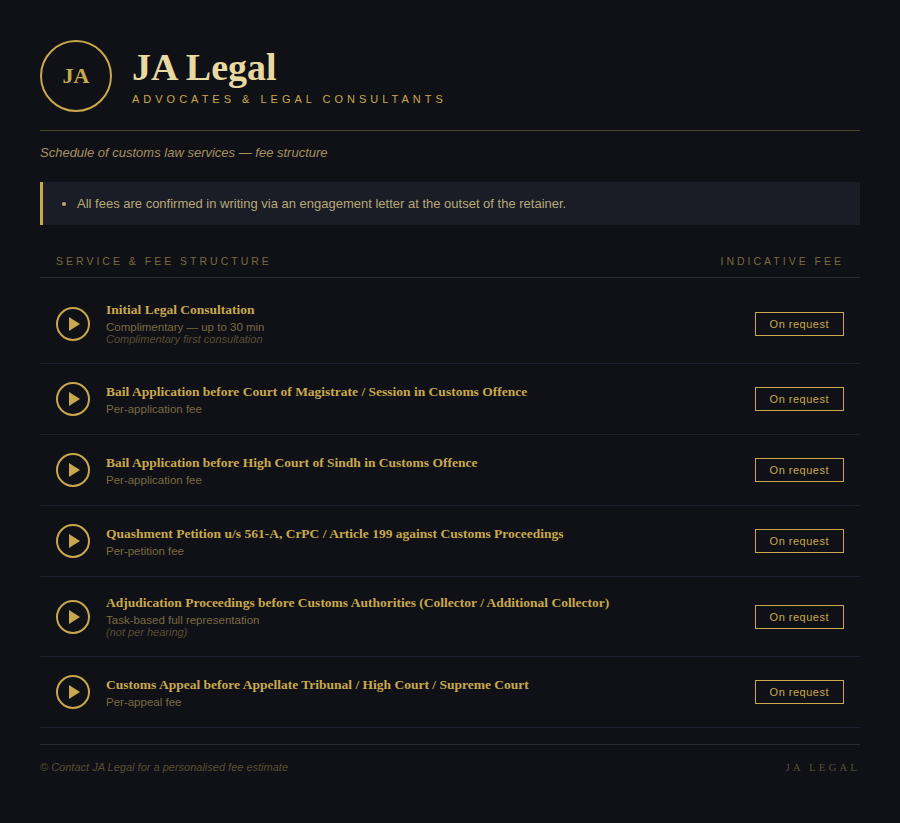 Fee Structure for Customs Law Services at JA Legal