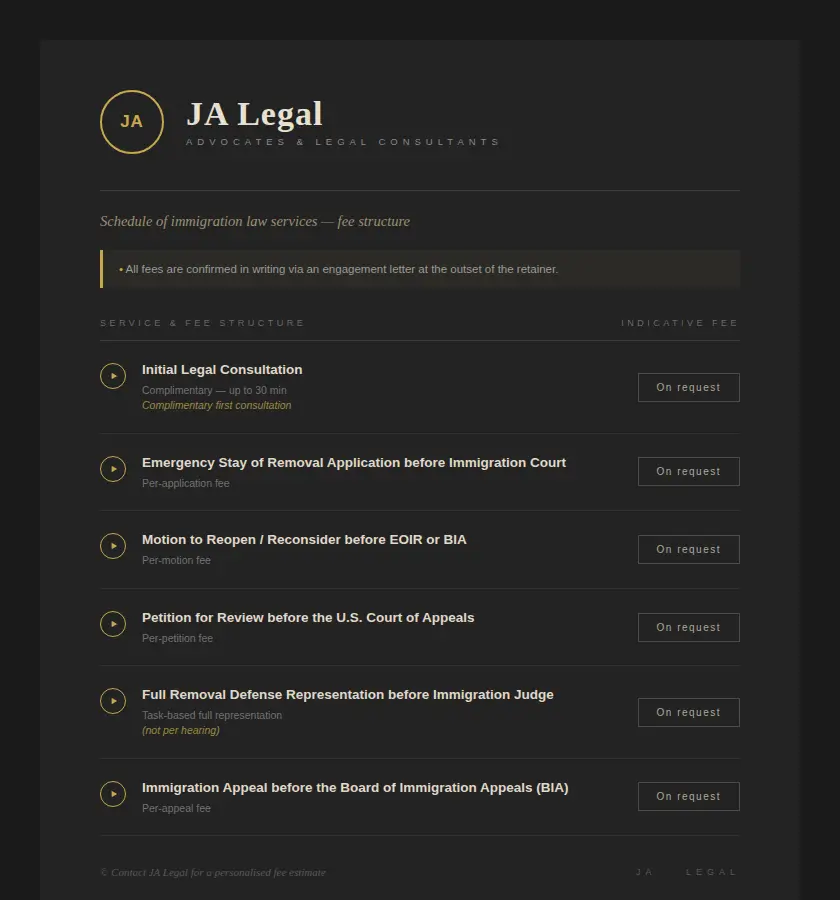 Fee Structure for Immigration Law Services