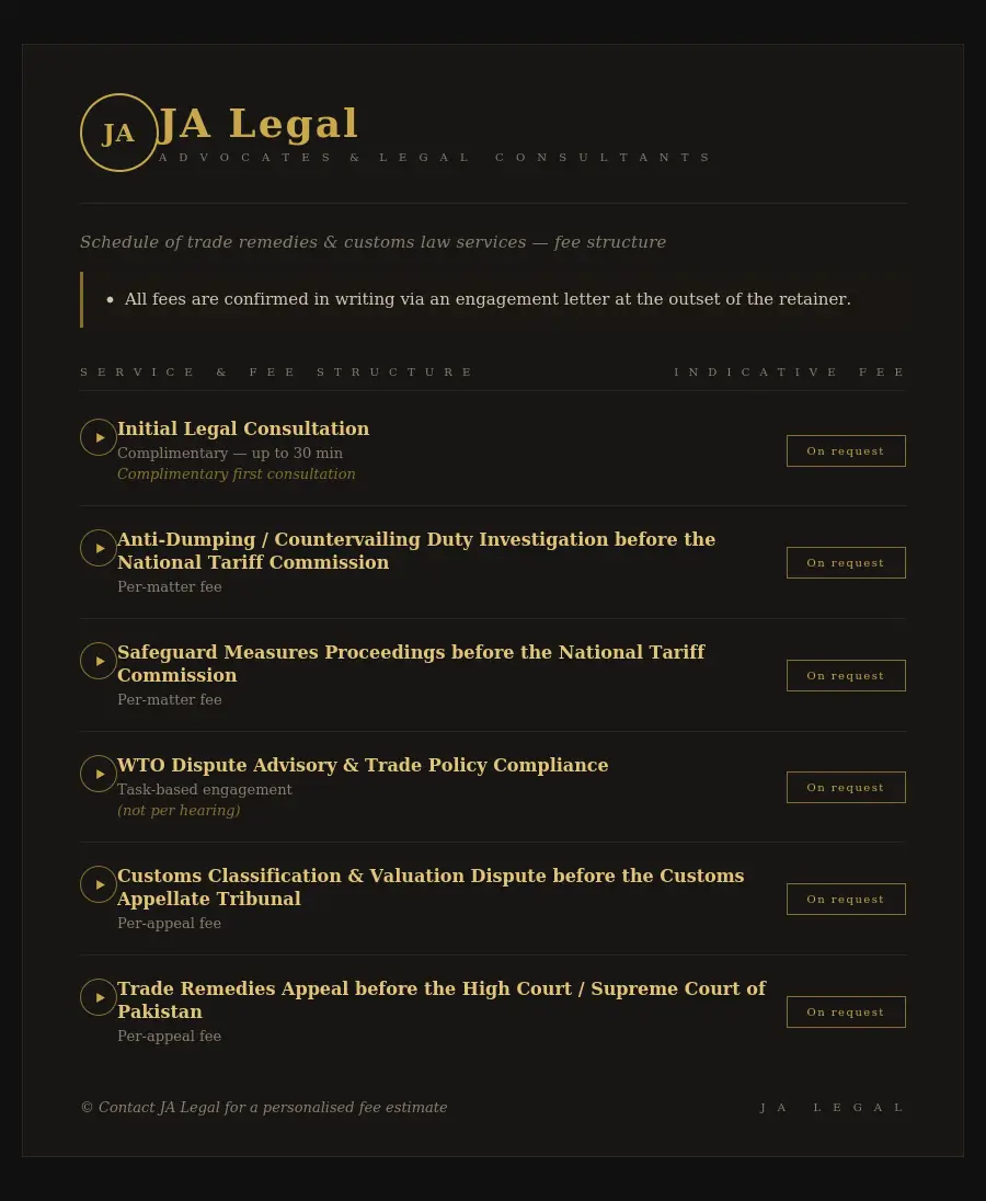 Fee Structure for Trade Remedies & International Trade Services at JA Legal